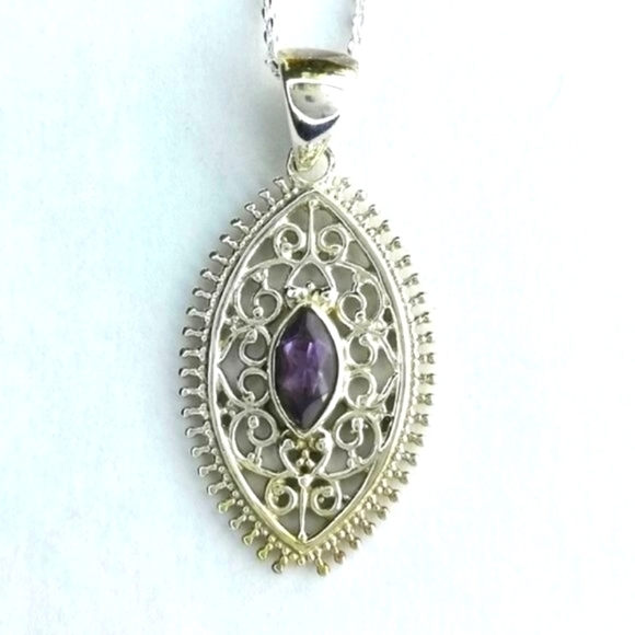 New Sterling Silver filigree Amethyst pendant necklace - Picture 1 of 6